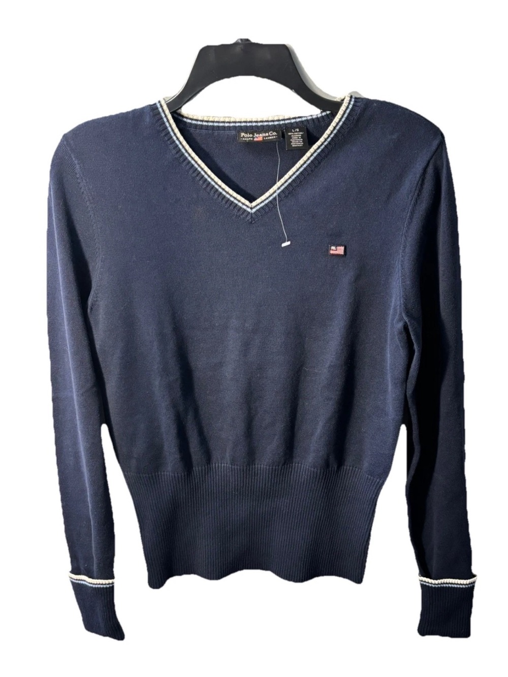 NWOT Vintage 90's Ralph Lauren Polo Jeans Women's Sweater L Navy Cotton Flag